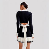 Fongt Bow Tied With Lot Of Leaves Side Of The Knitted Dress Pearl Buckle Long-Sleeved Little Scented Style Dress