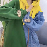 Clothing Denim Patchwork Hooded Sweatshirts Stylish Autumn Winter Korean Casual Loose Contrasting Colors Pockets Tops-Outfit