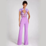 New Lien Embroidered V-Neckless Feathers Purple High Waisted Pantyhose Fashion Party