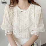 Fashion Elegant Sweet Crochet Lace Hollow Floral Tops Lace Chiffon Women Shirt New O Neck Short Sleeve Loose Blouse