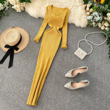 Fongt Women's Autumn And Winter 2025 New Korean Version Of Simple Solid Color Long Sleeves Tight Waist Thin Knit Long Dress