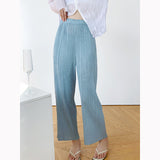 Fongt Folded Casual Trousers Women Simple And Comfortable Elastic High-Waist Straight Trousers Solid Color Wrinkles Trousers