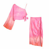 New Women Sexy Tie Dyed Printing Asymmetric Short Shirt Ladies Bow Casual Slim Blouse Roupas Chic Summer Crop Tops