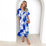 Fongt Women's Summer New Flower Print Bubble Sleeve A-Shaped Long Dress Temperament Dress