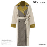 Fongt New British Wind Splicing Colliding Color Leather Lattice Long Wind Coat Coat Women 1598