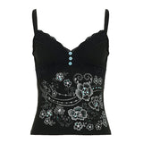 Fongt Dark Black Style Sexy Lace Splicing V-Neck Sling Sling Retro Print Personality Hottie Inside And Outside Wearing A Vest