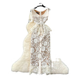 Fongt Small Scented Dress Female Elegant Diamond Buckle Clame Collar Short-Sleeved Hollow Lace Dress