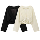 Fongt Decorative Short Top 2025 Spring Women's Long-Sleeved V-Neck Buckle Short Shirt
