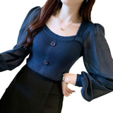 Fongt Bubble Sleeves Women's Long Sleeve Spring New Square Collar Knitted Shirt Dress Jacket Coat Jacket