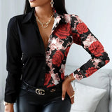 Women Turn Down Collar Print Blouse Casual Female Long Sleeve Slim Top Shirts Autumn Pullover Office Lady Blouse