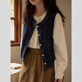 Fongt Retro Denim Vest Women Spring And Autumn Folding Waist Coat Outside A Small Design Feel Shoulder Clip