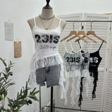 Fongt Shooting Lace Sling Vest Irregular Ribbon Hot Wear Print Short-Sleeved Top 1193