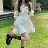 Kawaii Fairy Strap Dress Women Patchwork Off Shoulder Sexy Party Mini Dresses Bow Ruffle Sweet Cute Princess Sundress