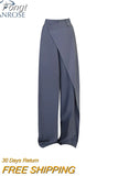 Women Clothing Buttons Irregular Patchwork High Waist Loose Mopping Pants All-match Solid Suit Straight Trousers