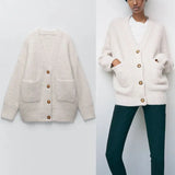 2021 White Winter Knit Cardigan Women Long Sleeve Patch Pockets Loose Sweater Button Up Female Vintage Knitted