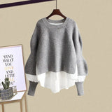 Women Pullover Knitted Patchwork Tops And Tweed Long Pants Sets Spring Female Two Piece Set Korean Casual Women Outfits
