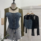 Fongt Hollow Hanging Neck Cowboy Splicing Mesh Strap With Irregular Long-Sleeved T-Shirt Short Top 88882