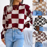 2025 Street Wind Hit The Color Lattice Long-Sleeved Knitted Sweater Women's