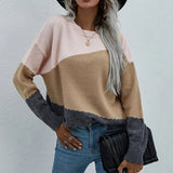 Color Matching Spring Women O Neck Sweater Elegant Long Sleeve Office Lady Loose Pullover Top Casual Femme Knitting