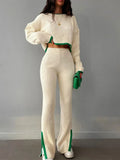 Fongt And Winter Knitted Trousers Set Round Collar Long Sleeve Short Sweater Bumping Open Knitted Two Sets Of