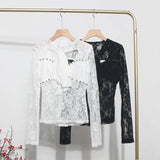 Explosion Real Shot Design Lace Ribbon Hollow Long Sleeve Top Sexy Slimming Bottom T-Shirt