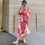 Style Summer Women Casual High Waist Sexy Backless Beach Dress Vintage Slash Neck Dot A-line Maxi Dress