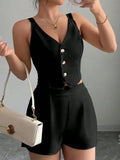 Fongt Temperament Thin Commuter Vest Shorts Solid Color Two-Piece Set