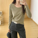 Color U-Collar Long-Sleeved T-Shirt Women's Early Autumn New Loose-Fitting Short Top Threaded Cotton Bottomed Shirt-Outfit