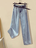 Women Summer Long Pants Sets Korean Casual Square Short Sleeve Print Short Top And Denim Jeans Trouser Two Pieces