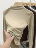 Color Half-High Collar Pleated Design Feeling Bottomed Shirt Women's Autumn New Short-Sleeved T-Shirt Underwear-Outfit