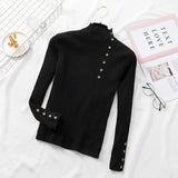 Office Lady Front Buttons Fleece Knitted Sweater Long Sleeve Mock Neck Solid Slim Pullover 2021 Winter New Fashion