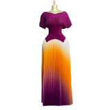Fongt Folded Suit Women's Summer Design Feeling Shiny Short-Sleeved Top High Waist Gradient Color Bajamas Skirt