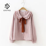 New Solid Ruched Button Up Blouse Ribbon Lace Up Long Sleeve Peter pan Collar Shirt Sweet Girls Loose Plus Size Top