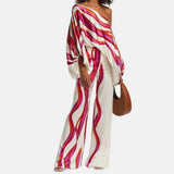 Fongt 2025 New Set Women's Printed Round-Neck Loose Bat Sleeves Wide Leg Trousers Fashion Set