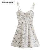 French Summer Floral Print Ruched Bandage Spaghetti Strap Mini Dress Retro Sexy Lacing Up Sling Dresses