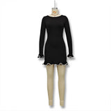 Fongt Women's Autumn And Winter New Temperament Pure Color Collar Lace Short Long-Sleeved Knitted Dress