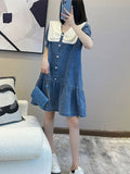 Dresses Women Japanese Style Peter Pan Collar Solid Washed Doll Collar Denim