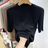 Fongt Wind Advanced Sense Pure Color Half High Collar Five Minutes Sleeve Sleeve T Shirt Female Slim Slim Inside The Bottom Shirt Woman-Outfit