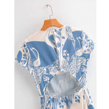 Printing Summer New Slim Slimming Wild Short Sleeve Female Dress Round Neck Print Back Hollow Long Women's