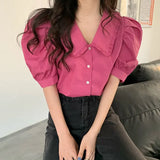 Doll Collar Blouse For Women Short Sleeve Button down Regular Fit Shirts Single Breasted Casual T Shirts Tees-Outfit