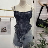 Fongt Shoot 辣tie Bra Irregular Sling Sling Vest Slimming Print Mesh Sleeveless Top 8950