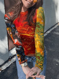 Patchwork Printed Mesh Long Sleeve Crop Top-Outfit