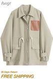 Women Vintage Patchwork Short Jacket Trendy Turn-down Collar PU Pocket Loose Casual Single Breasted Trend Thin Coat Autumn