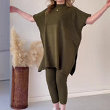 Fongt The Autumn Of 2025, The New Round-Neck Bat Shirt Is A Large-Size Loose Knitted Knitted Casual Two-Piece Set.
