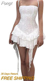 Spaghetti Strap Low Cut Pleated Mini Dress Women Backless Slim Fit Casual White Robe 2023 Spring Fall Fairy Grunge