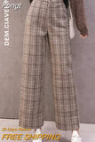 Classic Plaid Tweed Pants Women Vintage Wool Straight Elastic Waist Trousers Fashion Casual Fall Office Lady
