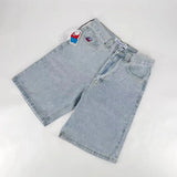 Fashionable Fashion Brand Printed Denim Shorts Men's High Street Casual Wide-Legged Five-Cent Pants-Outfit