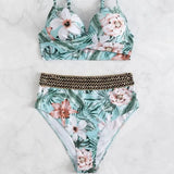 2023 New Floral Split Weaving Belt High-Waisted Conservative Swimsuit
