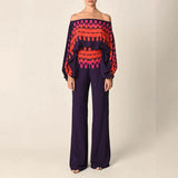 Fongt 2025 New Set Women's Printed Round-Neck Loose Bat Sleeves Wide Leg Trousers Fashion Set