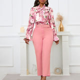 Fongt New Fashion Print Strap Long-Sleeved Top High-Waisted Trousers Set